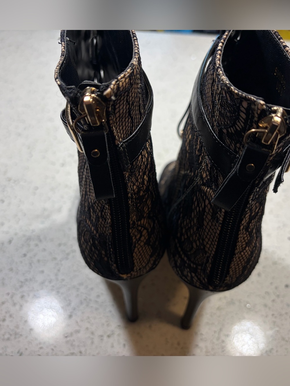 Lace Overlay Peep-Toe Stiletto Booties in Nude/Black - Picture 4 of 5